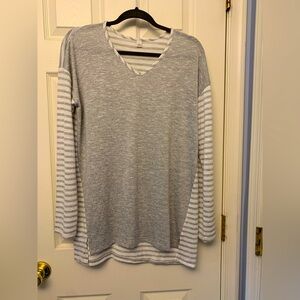 Gray and White Striped Long Sleeve Top Large